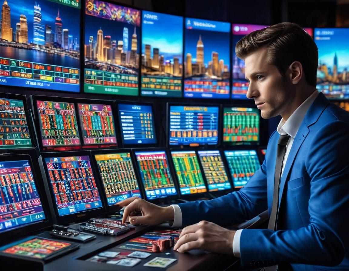 A dynamic scene of a sports betting enthusiast analyzing game statistics on multiple screens, surrounded by colorful casino chips and playing cards, evoking excitement and strategy. A vibrant city skyline visible in the background, representing the online casino world. An overlay of graphs showcasing betting trends creates a modern edge. super-realistic. vibrant colors. 3D.