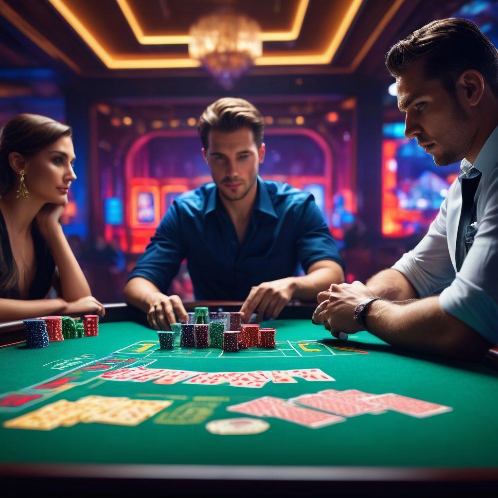A strategic table filled with vibrant playing cards, dice, and betting chips, illuminated by a glowing neon backdrop representing a casino atmosphere. In the foreground, a poker player deep in thought, surrounded by charts and graphs of betting strategies. The scene conveys excitement, tension, and a sense of mastery in the art of gambling. cinematic lighting. vibrant colors. 3D.