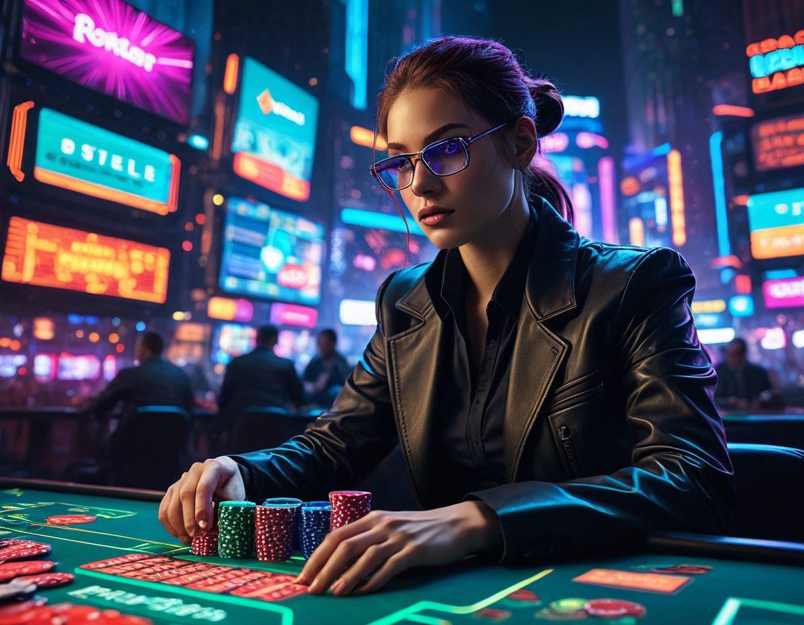 A dynamic scene showcasing a modern gambler strategizing at a futuristic betting table, surrounded by digital displays of odds and statistics. Include elements like neon lights, poker chips flying, and a city skyline in the background to represent the vibrant betting landscape. The gambler, a diverse individual, is focused and analyzing data on a holographic screen. Incorporate a mix of excitement and tension in their expression. cyberpunk. vibrant colors. 3D.